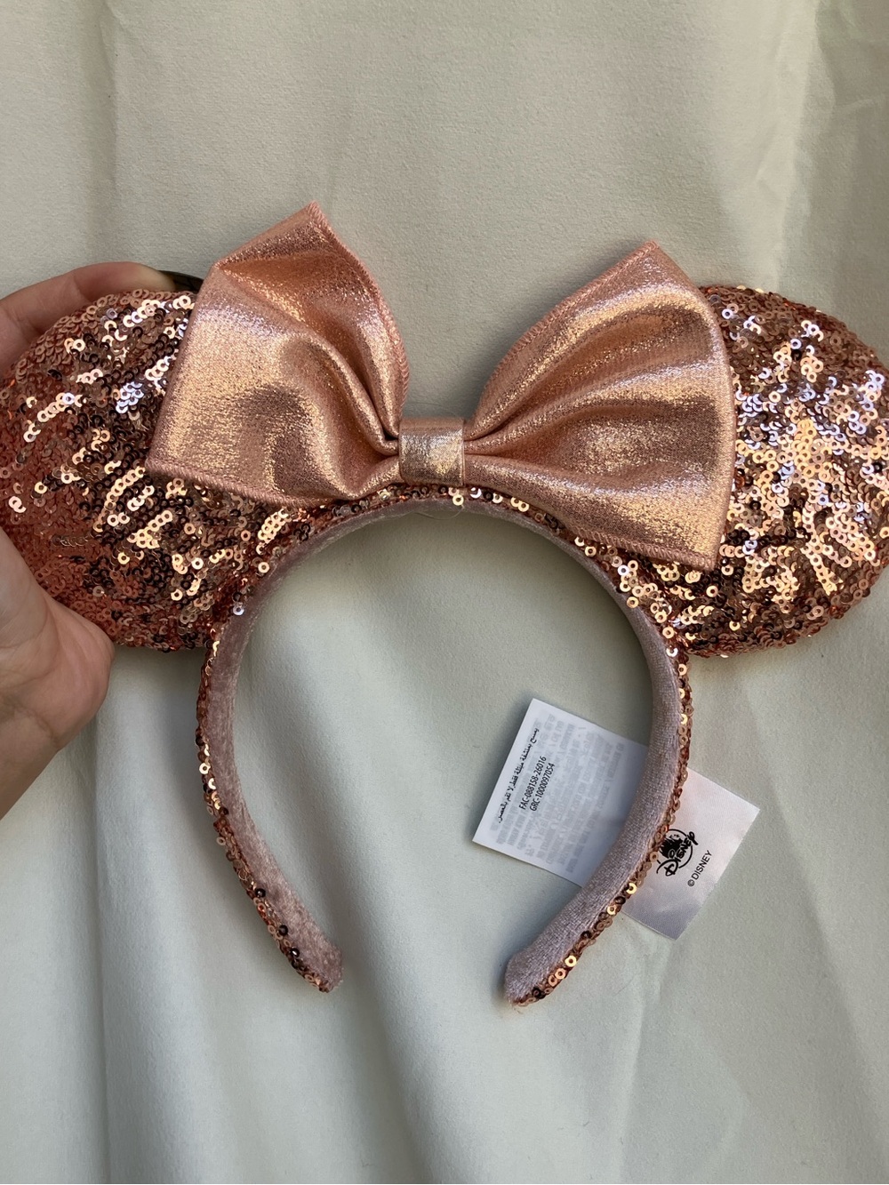 Disney Rose Gold Sequin Minnie Ear Headband with Metallic Bow